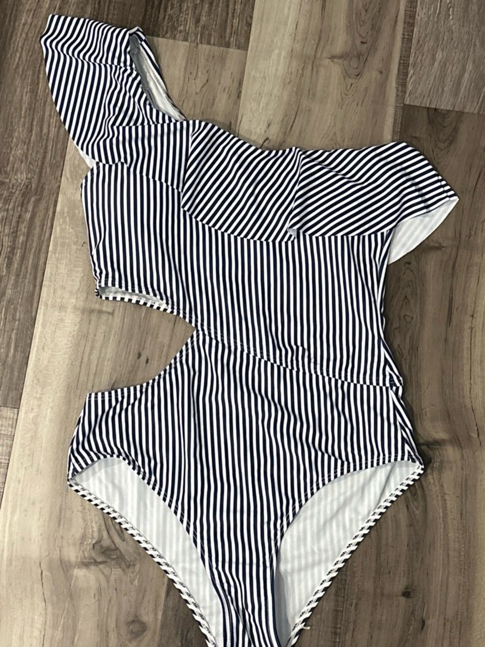 Navy and White One-Shoulder Striped Swimsuit